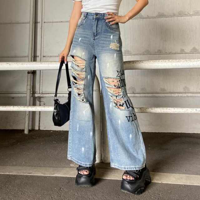 デニムロゴダメージストレートパンツ