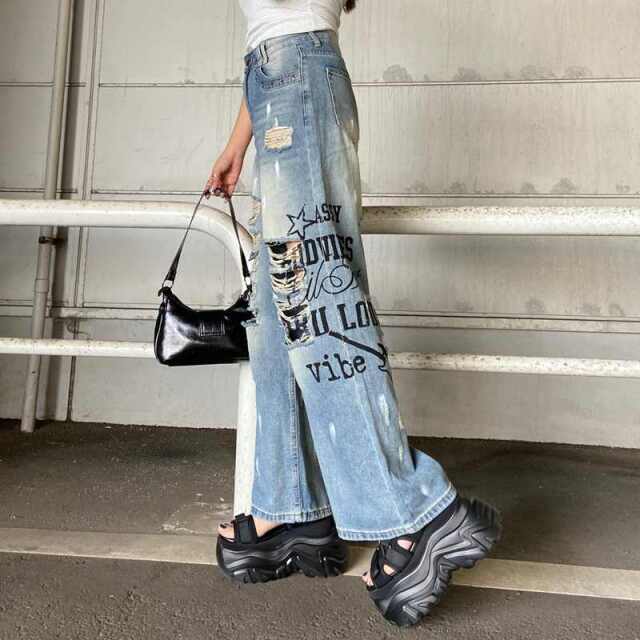 デニムロゴダメージストレートパンツ