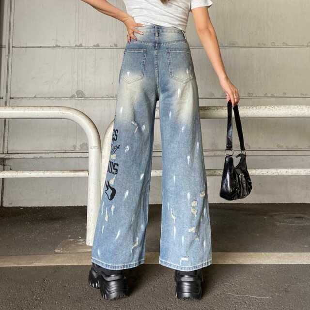 デニムロゴダメージストレートパンツ