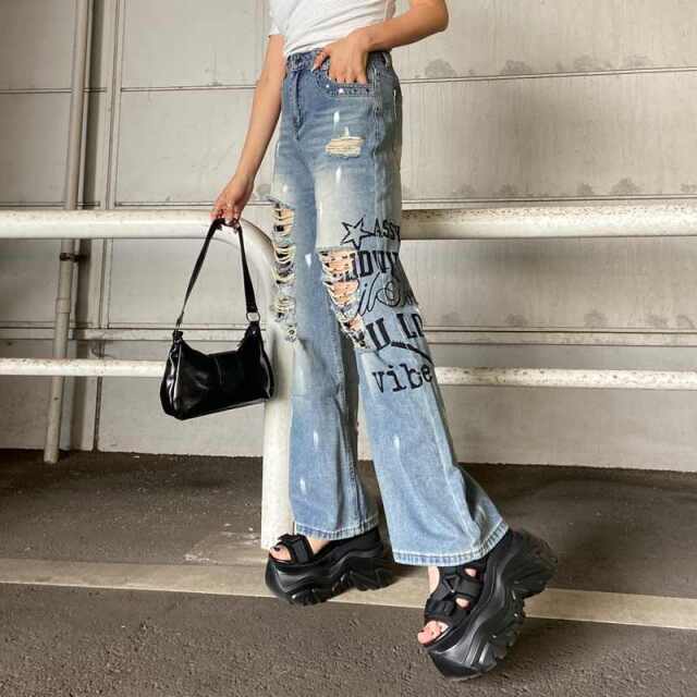 デニムロゴダメージストレートパンツ