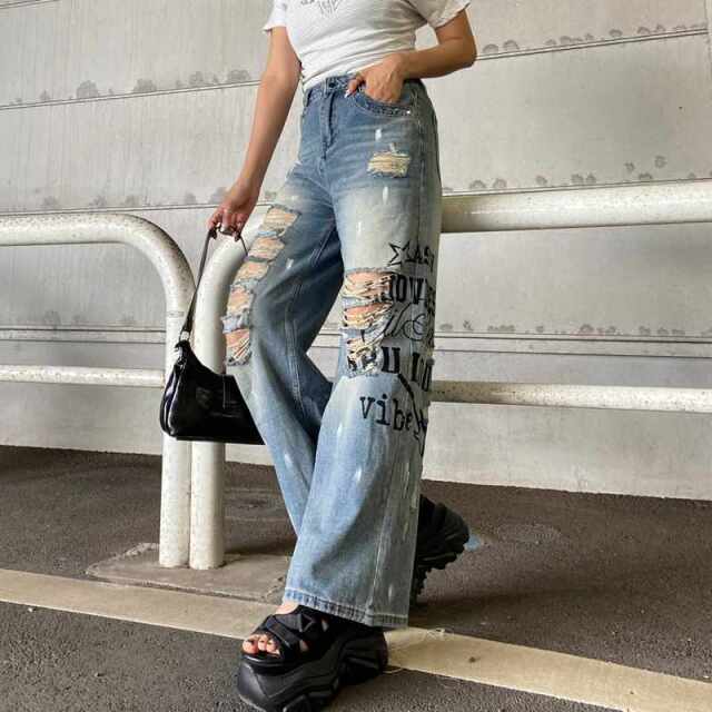 デニムロゴダメージストレートパンツ