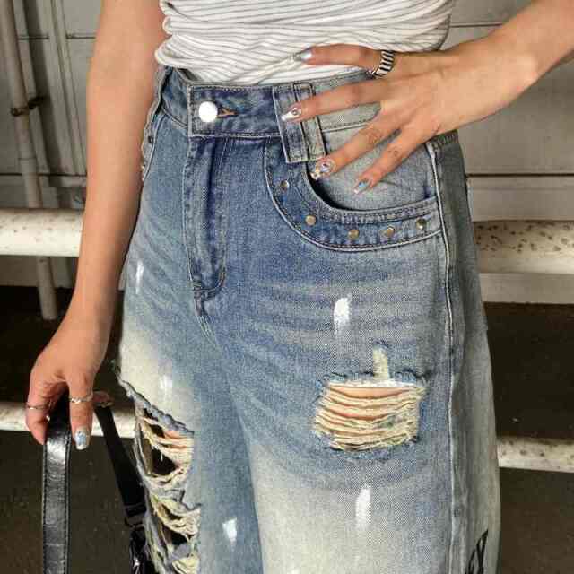 デニムロゴダメージストレートパンツ