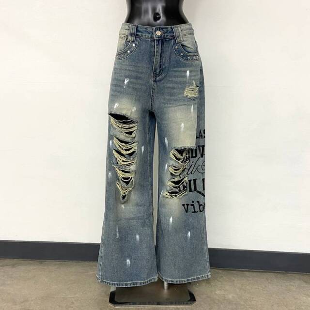 デニムロゴダメージストレートパンツ