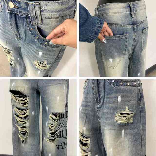 デニムロゴダメージストレートパンツ