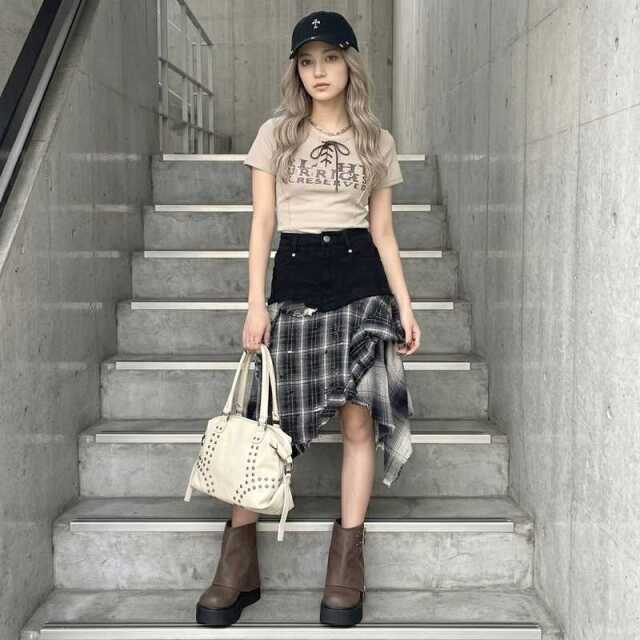 チェックデニムイレヘムスカート