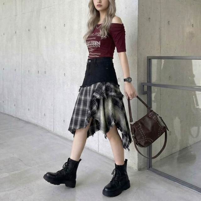 チェックデニムイレヘムスカート