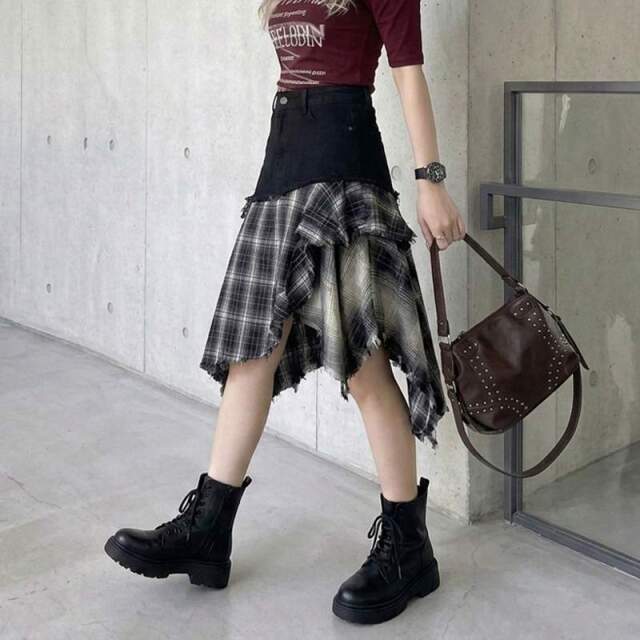 チェックデニムイレヘムスカート