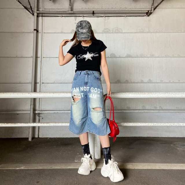 ロゴダメージハーフデニムパンツ