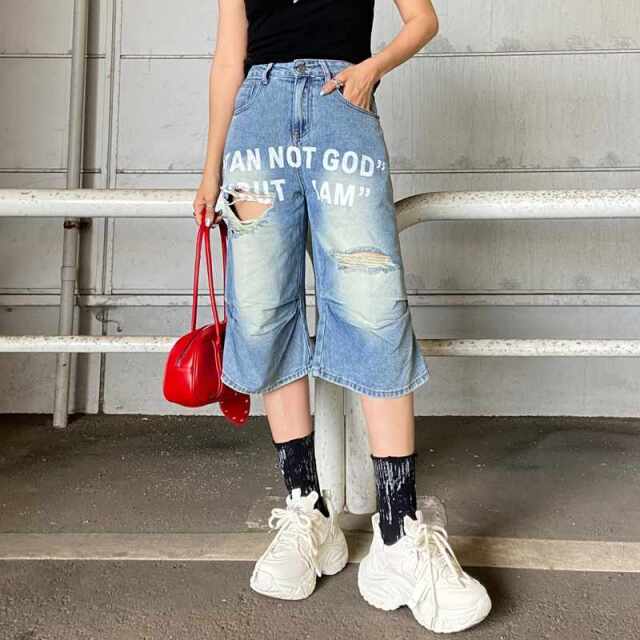 ロゴダメージハーフデニムパンツ