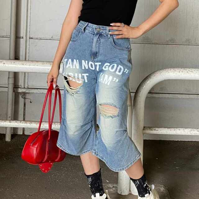 ロゴダメージハーフデニムパンツ