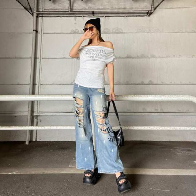 ボーダーオフショルダートップス