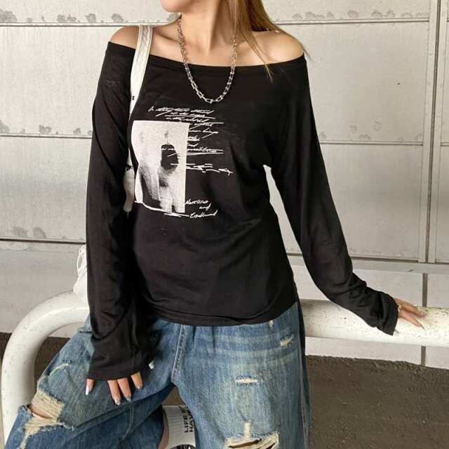 オフショルダースラブ転写Tシャツ