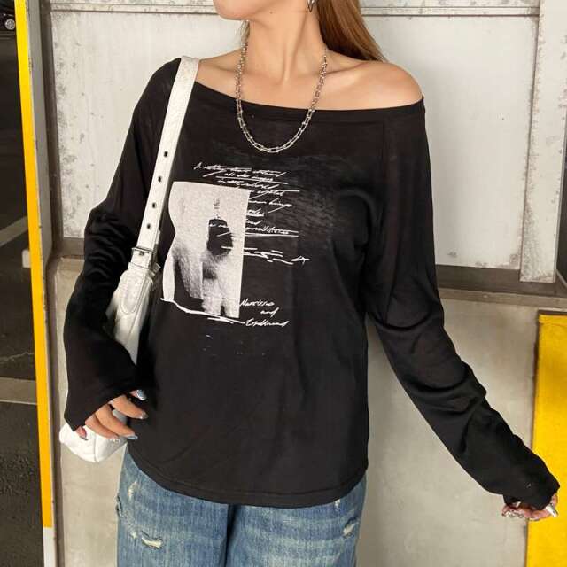 オフショルダースラブ転写Tシャツ