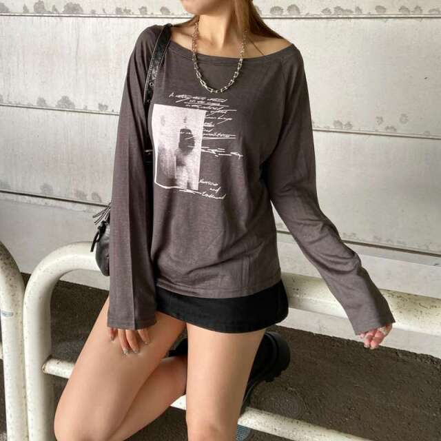 オフショルダースラブ転写Tシャツ