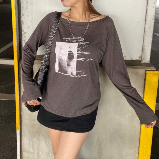 オフショルダースラブ転写Tシャツ