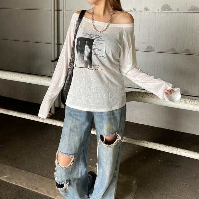 オフショルダースラブ転写Tシャツ