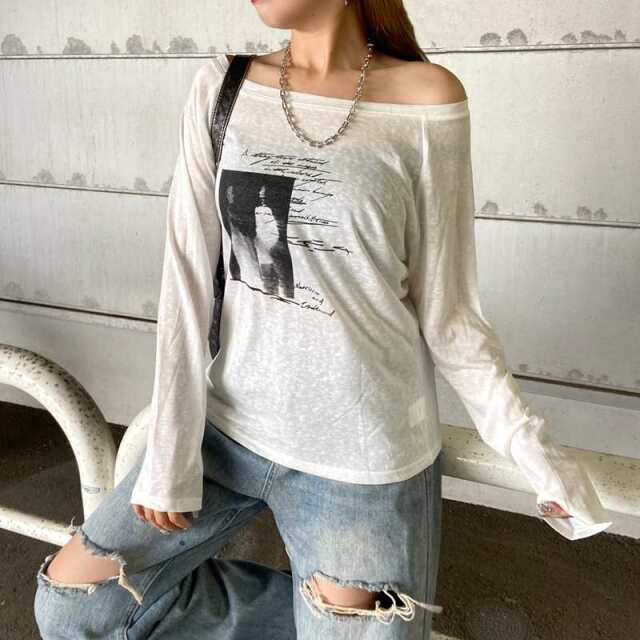 オフショルダースラブ転写Tシャツ
