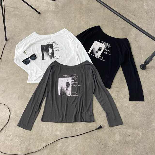 オフショルダースラブ転写Tシャツ