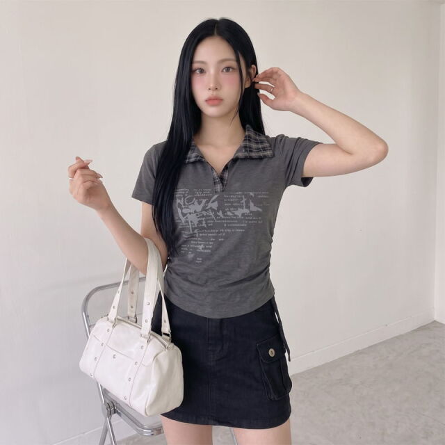 襟チェックサイドドロストトップス