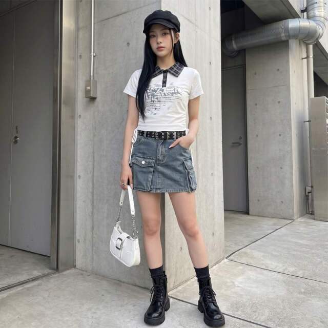 襟チェックサイドドロストトップス