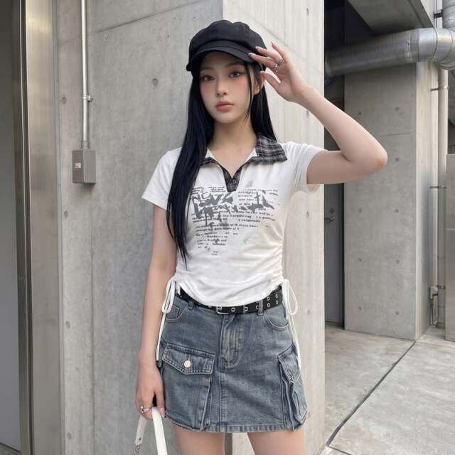 襟チェックサイドドロストトップス
