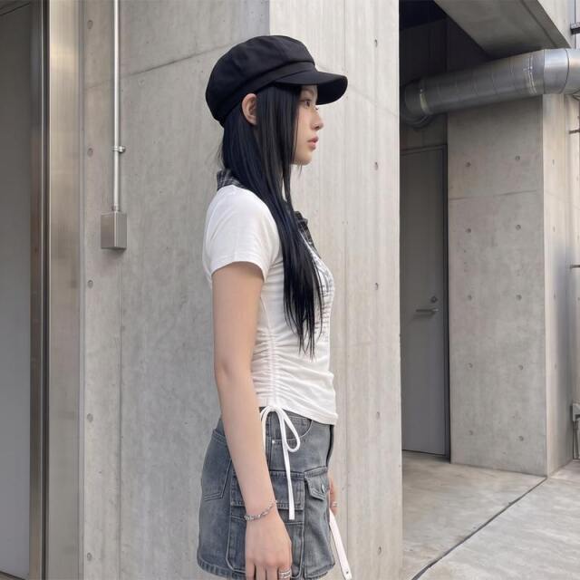 襟チェックサイドドロストトップス