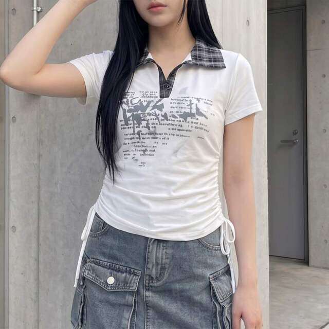 襟チェックサイドドロストトップス