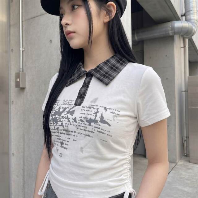 襟チェックサイドドロストトップス