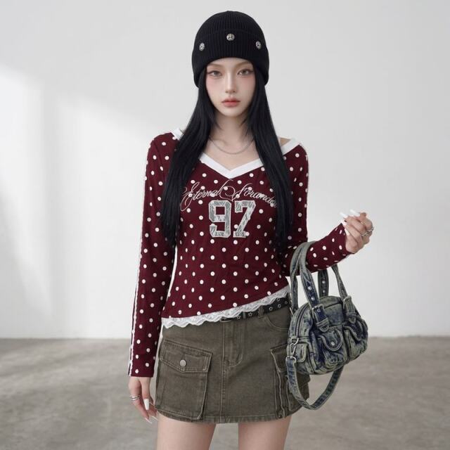 ドットナンバリングオフショルダーTシャツ