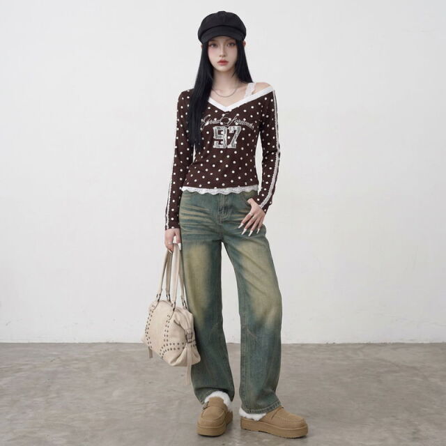 ドットナンバリングオフショルダーTシャツ