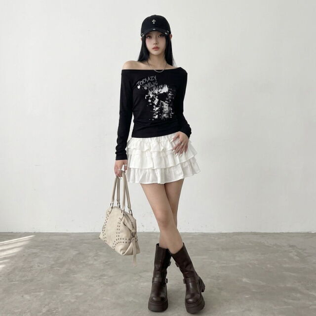 レース切替ティアードスカート