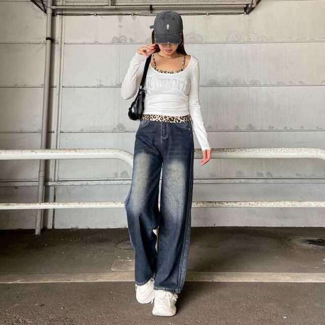 サイドラインデニムワイドパンツ