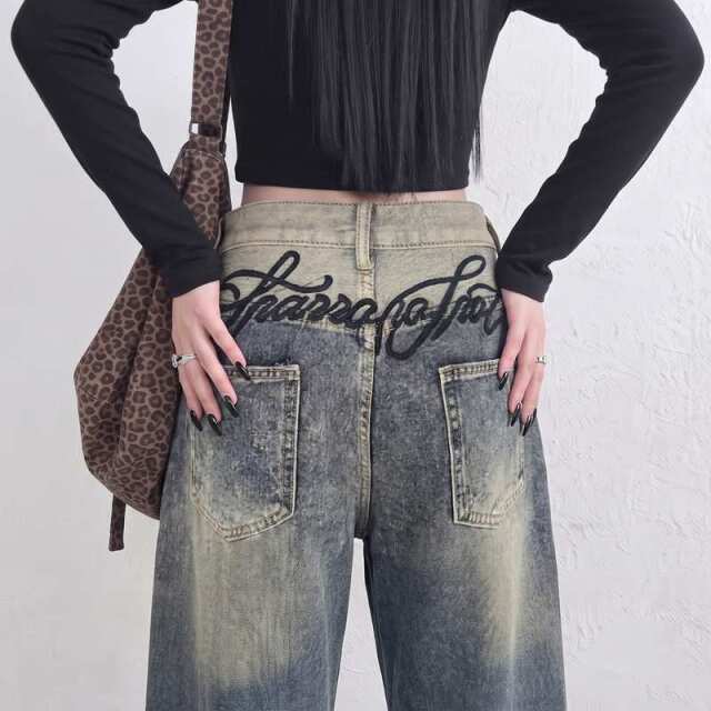 バックロゴ刺繍デニムワイドパンツ