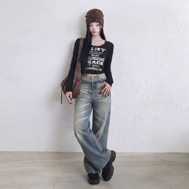 バックロゴ刺繍デニムワイドパンツ