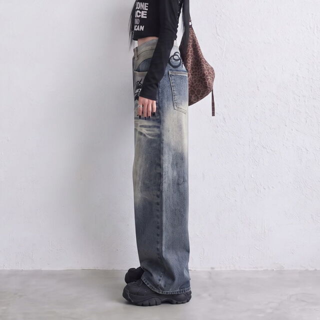 バックロゴ刺繍デニムワイドパンツ