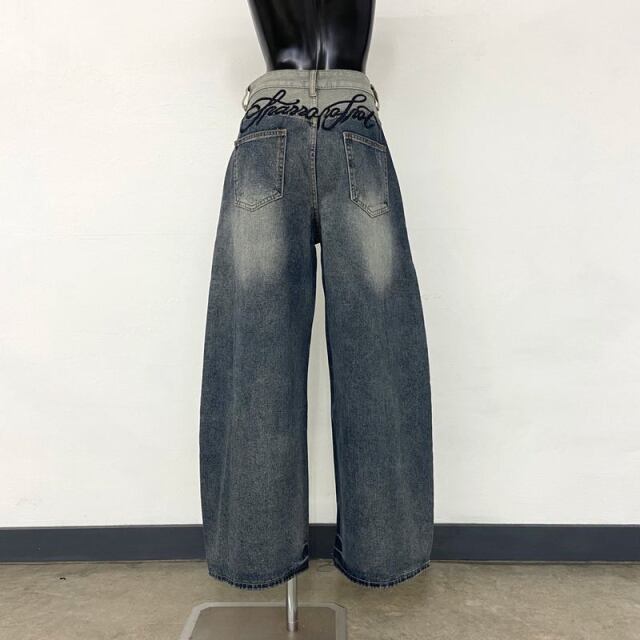 バックロゴ刺繍デニムワイドパンツ