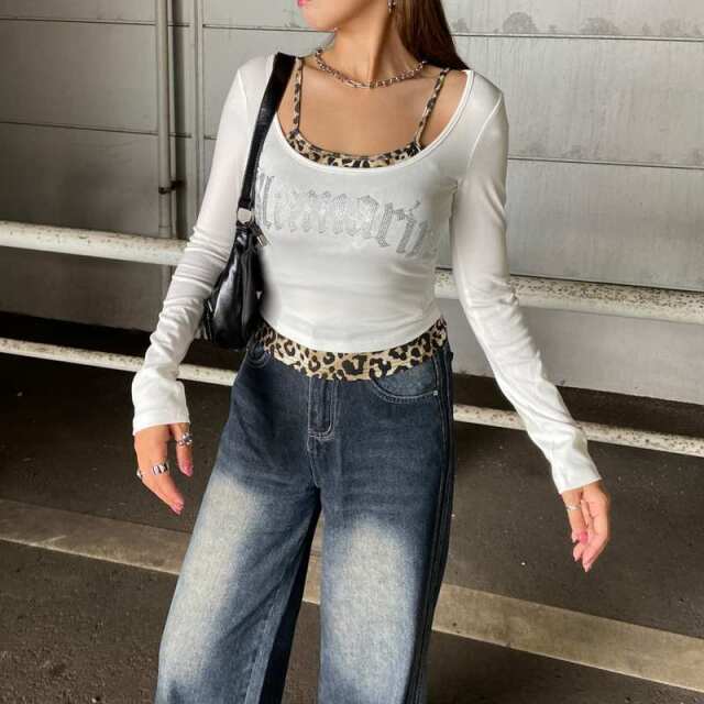 ストーンロゴヒョウアンサンブル風トップス