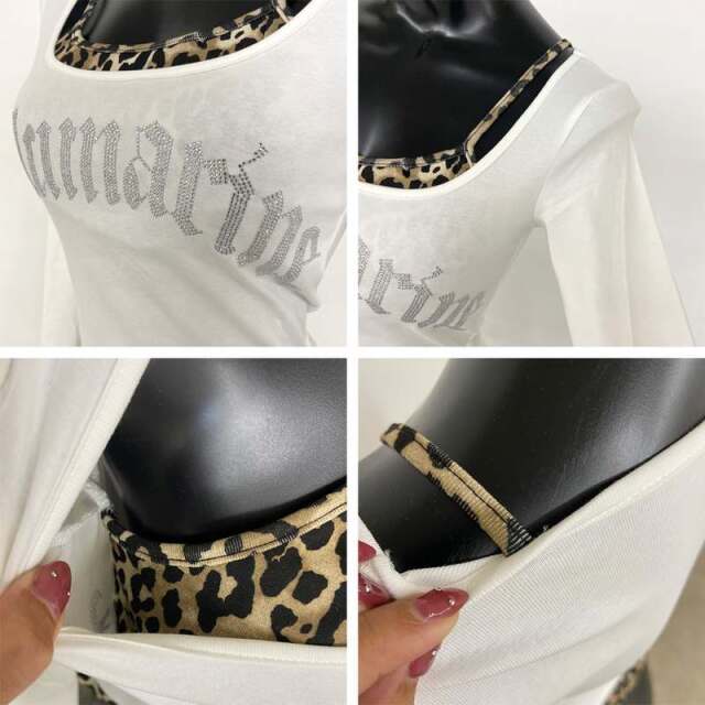 ストーンロゴヒョウアンサンブル風トップス