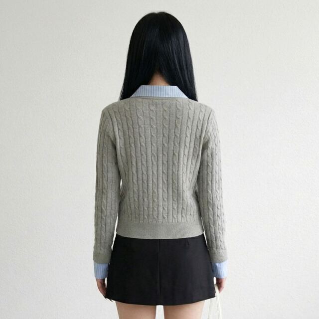 シャツアンサンブル風ケーブルニットプルオーバー