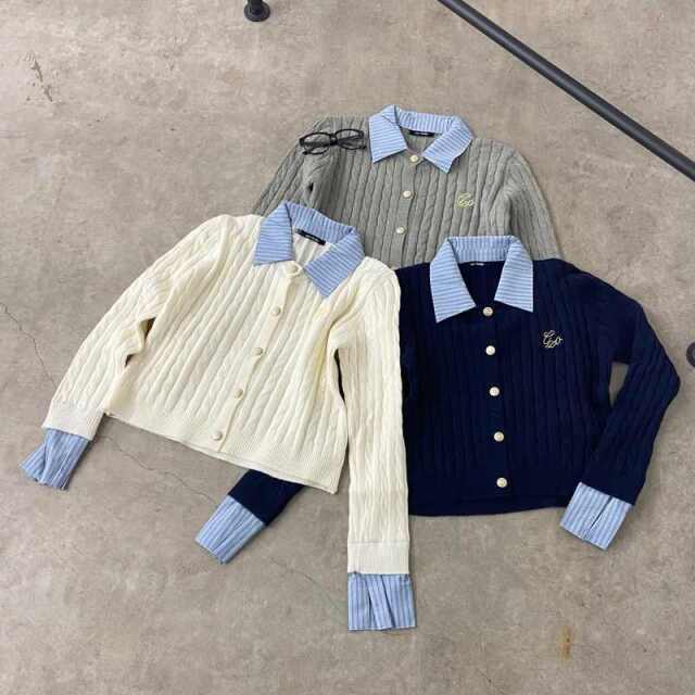 シャツアンサンブル風ケーブルニットプルオーバー