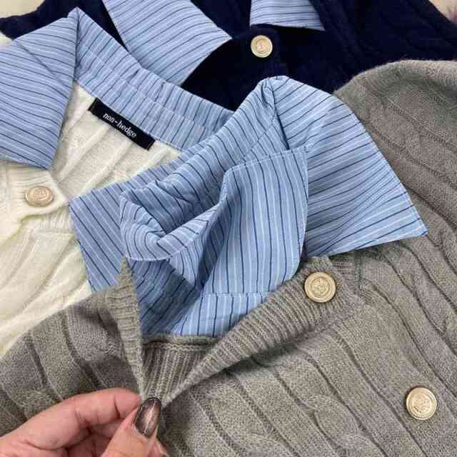 シャツアンサンブル風ケーブルニットプルオーバー