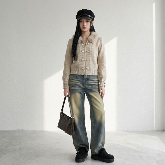 ボタンファーカーディガン