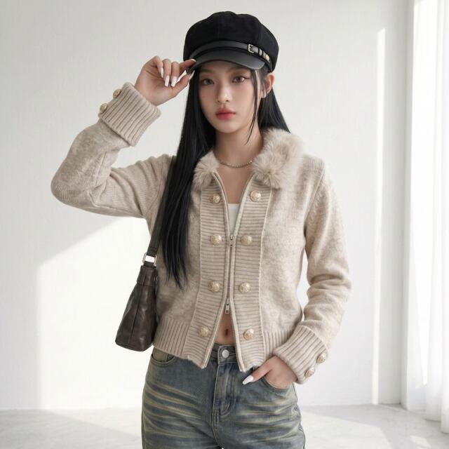 ボタンファーカーディガン