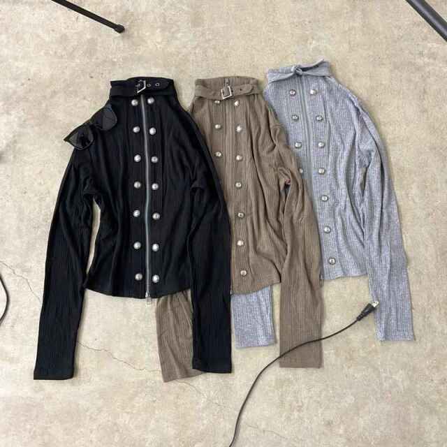 リブボタンスタンドZIPトップス