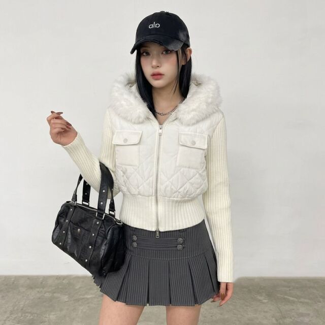 WZIPキルティング切替フードファージャケット