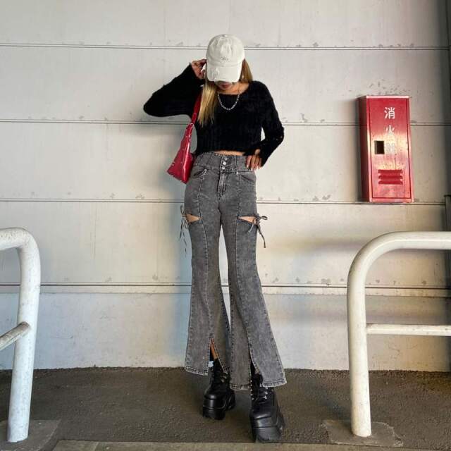 サイドスリットリボンフレアパンツ