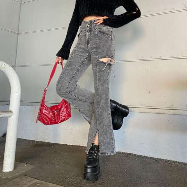 サイドスリットリボンフレアパンツ