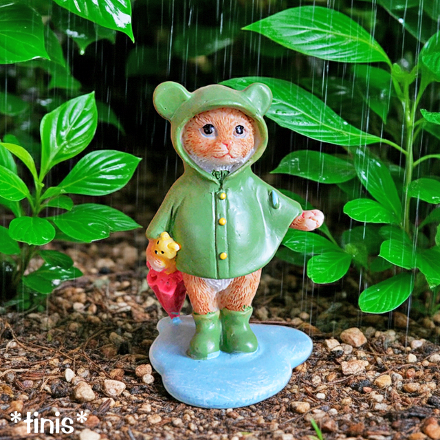 猫　レインコート　雨の日　傘　置物　ミニチュア　オブジェ　cat