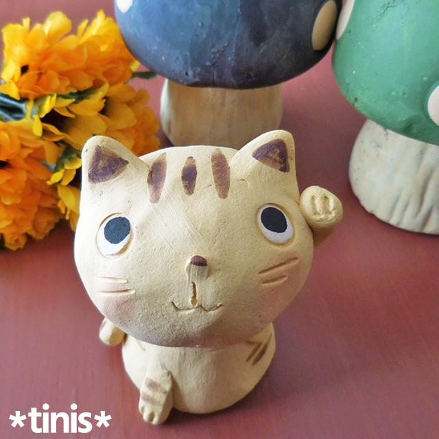 赤ちゃん猫 黄 招き猫 縁起物 置物 陶器製 作舎 クラフトマンハウス