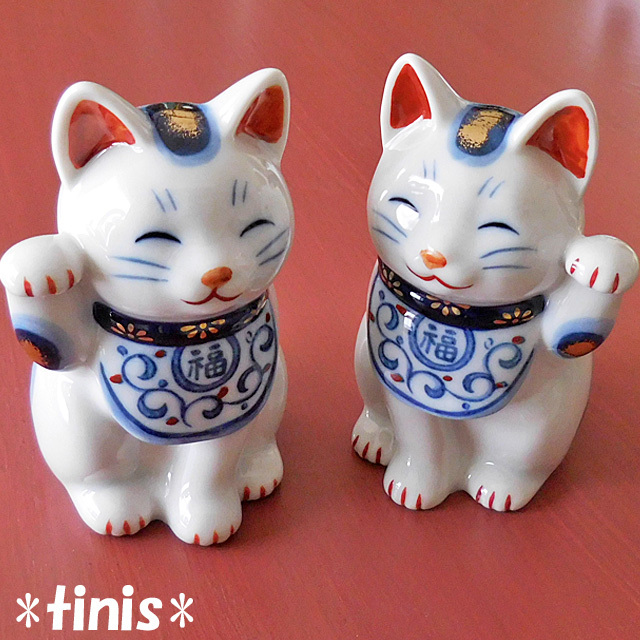 薬師窯 染錦唐草 招き猫 左手上げ (小) 陶器製 縁起置物 Lucky Cat